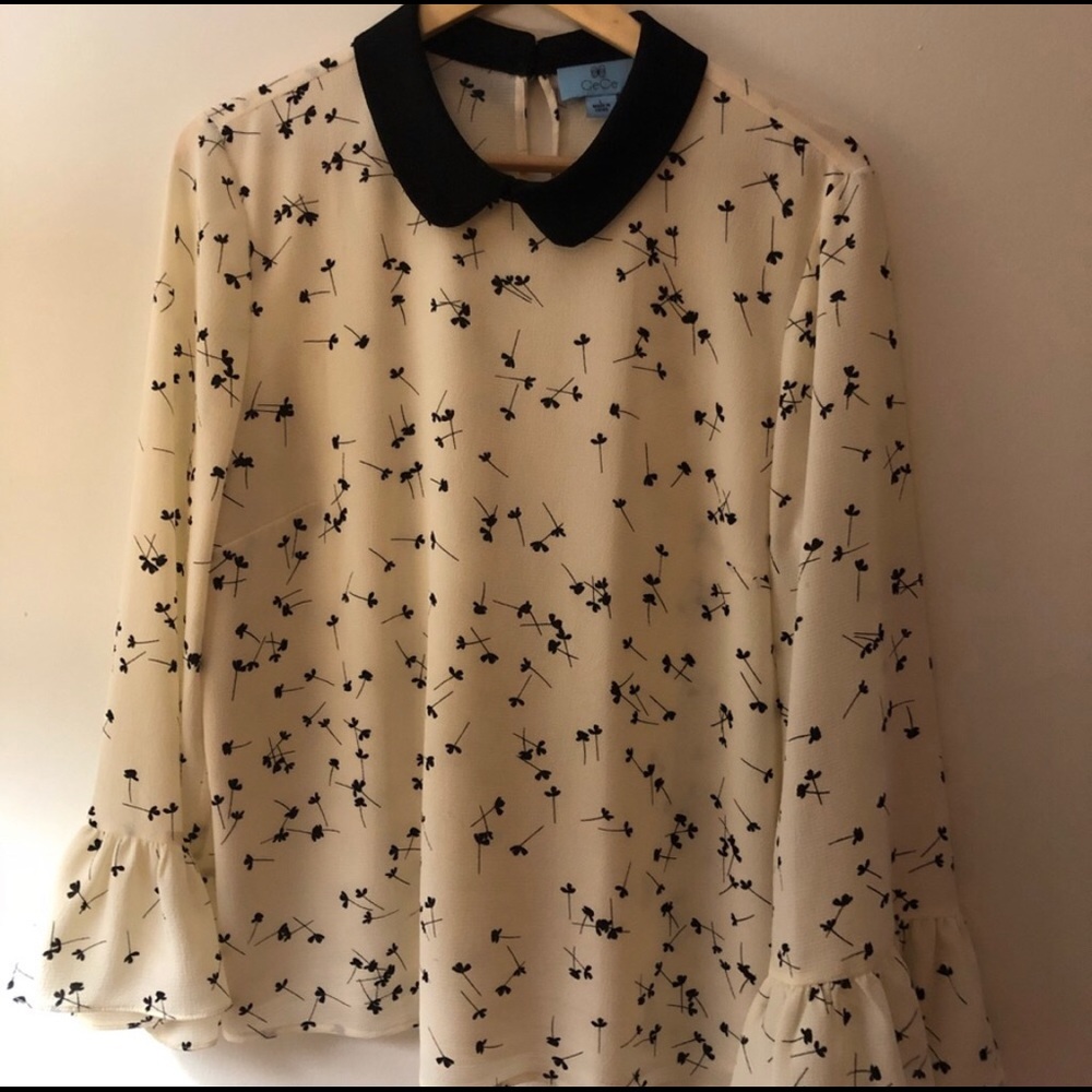 CeCe white and Black Floral Blouse